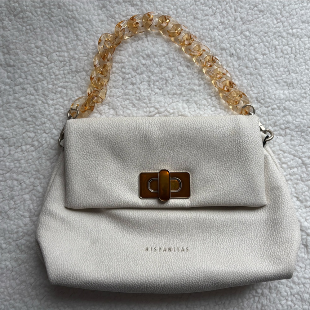 Hispanitas Brand Cream Vegan Leather Bag with Gold Acrylic Handle